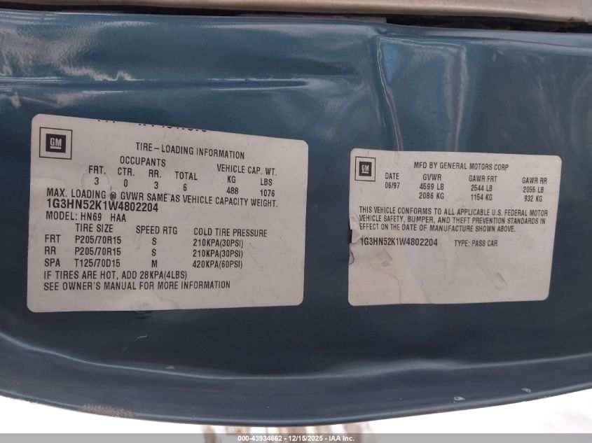 1998 Oldsmobile Eighty-Eight Ls VIN: 1G3HN52K1W4802204 Lot: 43934662