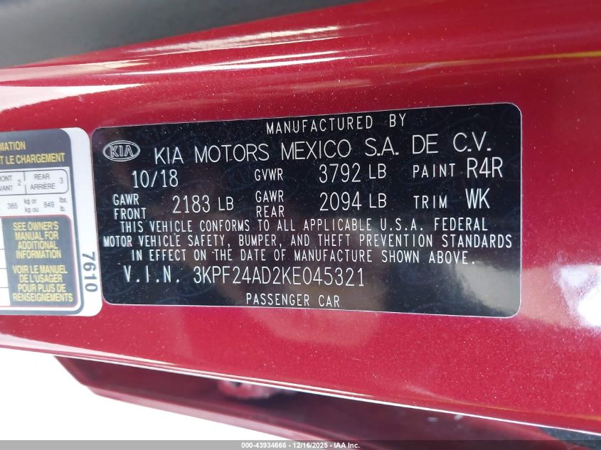 2019 Kia Forte Lxs VIN: 3KPF24AD2KE045321 Lot: 43934666