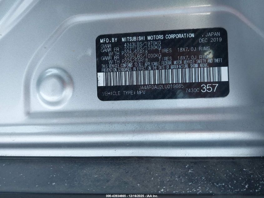 2020 Mitsubishi Outlander Sport 2.0 Be Awc/2.0 Es Awc/2.0 Se Awc/2.0 Sp Awc VIN: JA4AR3AU2LU019685 Lot: 43934665