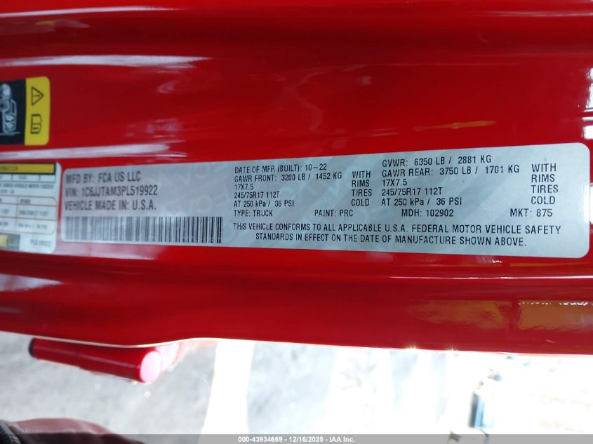 2023 Jeep Gladiator Sport S 4X4 VIN: 1C6JJTAM3PL519922 Lot: 43934669