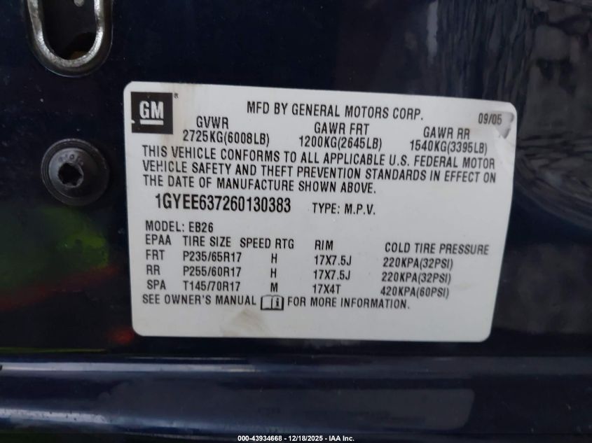 2006 Cadillac Srx V6 VIN: 1GYEE637260130383 Lot: 43934668