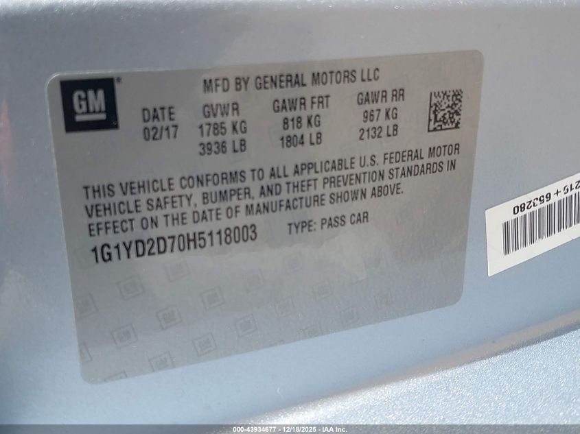 2017 Chevrolet Corvette Stingray VIN: 1G1YD2D70H5118003 Lot: 43934677