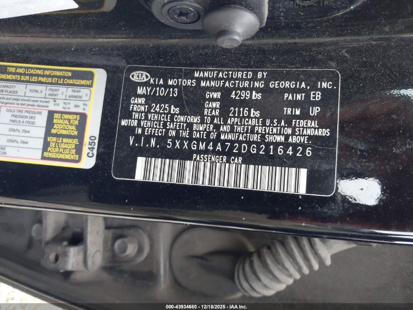 2013 Kia Optima Lx VIN: 5XXGM4A72DG216426 Lot: 43934680