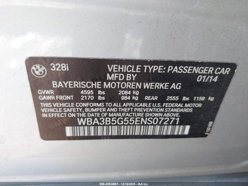2014 BMW 328I xDrive VIN: WBA3B5G55ENS07271 Lot: 43934681