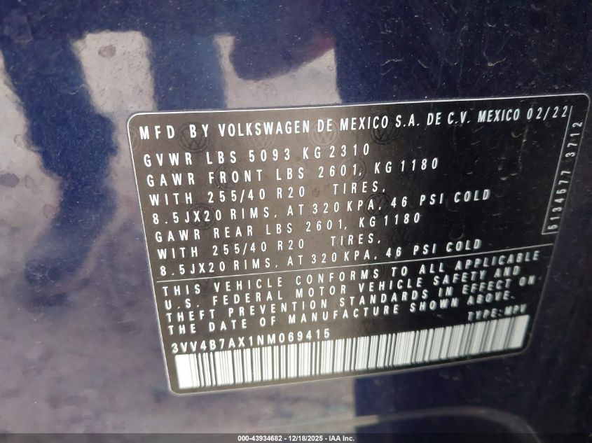 2022 Volkswagen Tiguan 2.0T Sel R-Line VIN: 3VV4B7AX1NM069415 Lot: 43934682