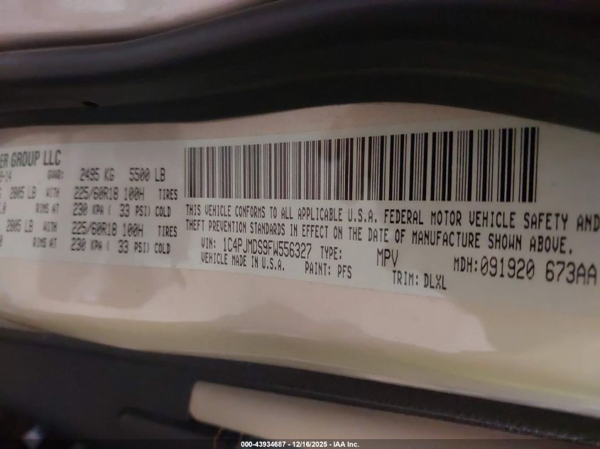 2015 Jeep Cherokee Limited VIN: 1C4PJMDS9FW556327 Lot: 43934687