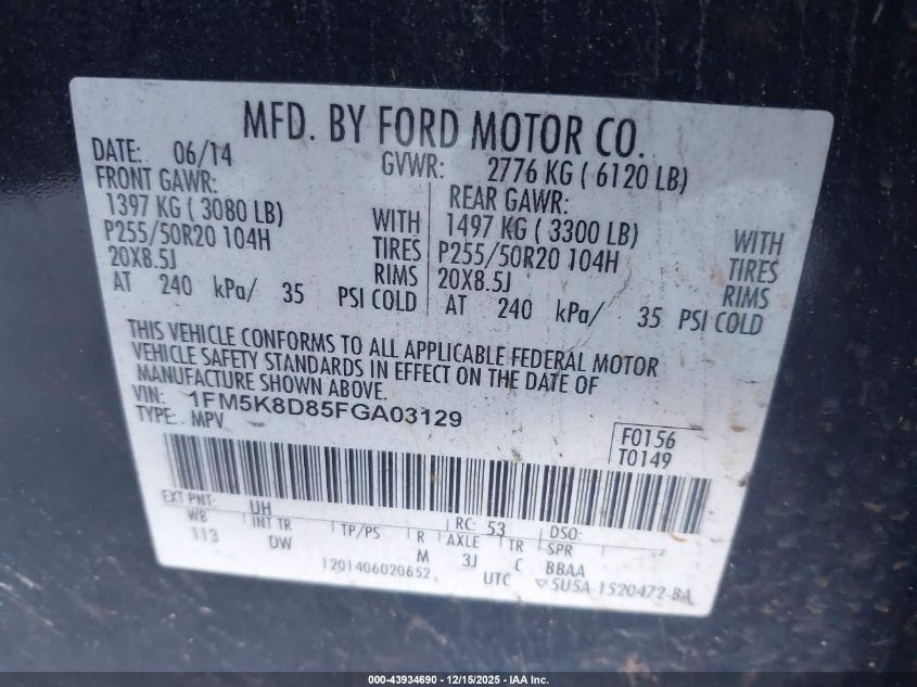 2015 Ford Explorer Xlt VIN: 1FM5K8D85FGA03129 Lot: 43934690