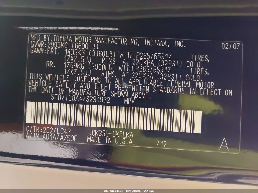 2007 Toyota Sequoia Limited V8 VIN: 5TDZT38A47S291932 Lot: 43934691