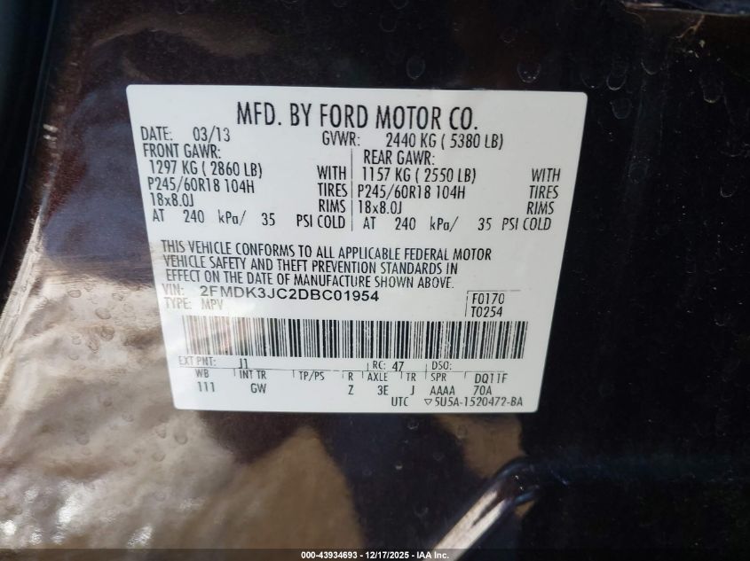 2013 Ford Edge Sel VIN: 2FMDK3JC2DBC01954 Lot: 43934693