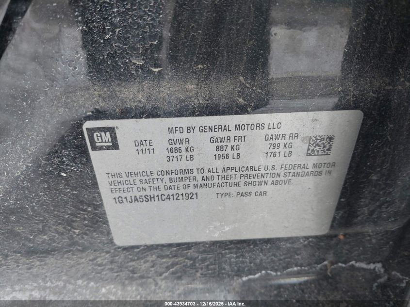 2012 Chevrolet Sonic 2Ls VIN: 1G1JA5SH1C4121921 Lot: 43934703