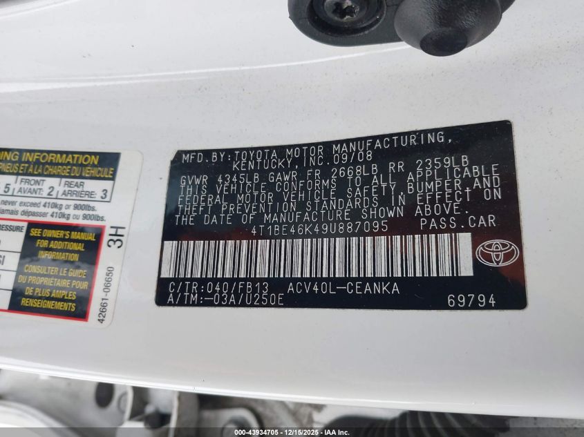 2009 Toyota Camry Le VIN: 4T1BE46K49U887095 Lot: 43934705