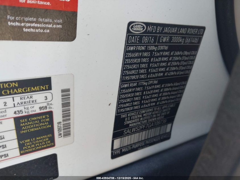 2016 Land Rover Range Rover Sport 3.0L V6 Supercharged Hse VIN: SALWS2PF7GA109739 Lot: 43934706