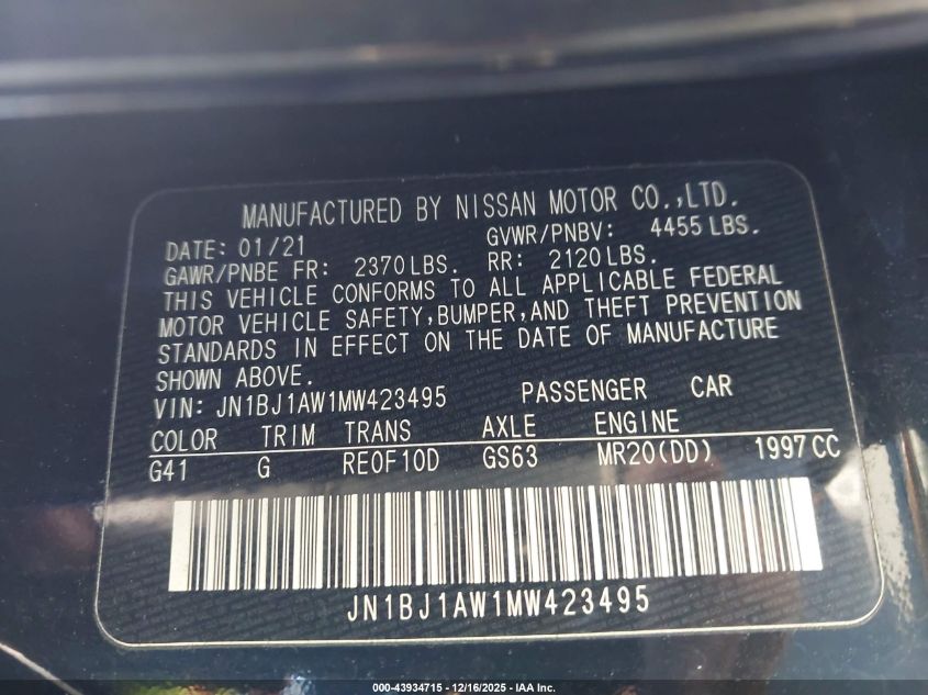 2021 Nissan Rogue Sport S Awd Xtronic Cvt VIN: JN1BJ1AW1MW423495 Lot: 43934715