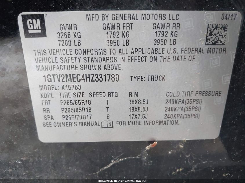 2017 GMC Sierra 1500 Sle VIN: 1GTV2MEC4HZ331780 Lot: 43934718