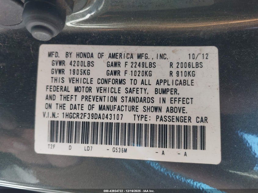 1HGCR2F39DA043107 2013 HONDA ACCORD photo no. 9