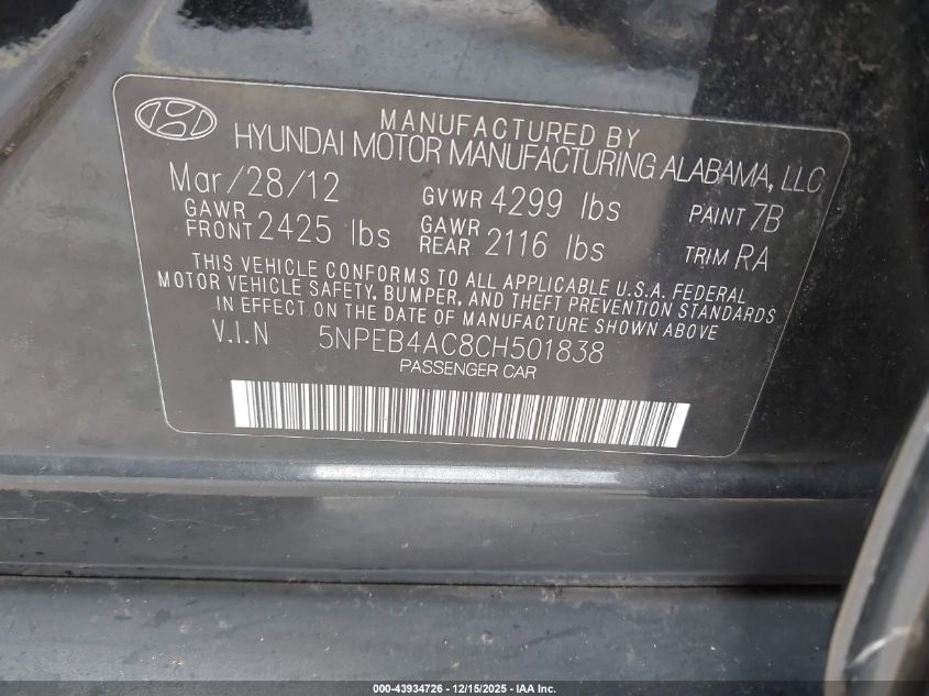 2012 Hyundai Sonata Gls VIN: 5NPEB4AC8CH501838 Lot: 43934726