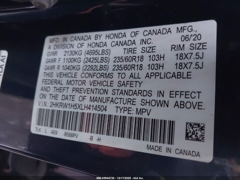 2020 Honda Cr-V 2Wd Ex VIN: 2HKRW1H5XLH414504 Lot: 43934730