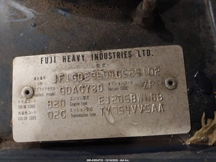 2004 Subaru Impreza Wrx VIN: JF1GD29604G525102 Lot: 43934732