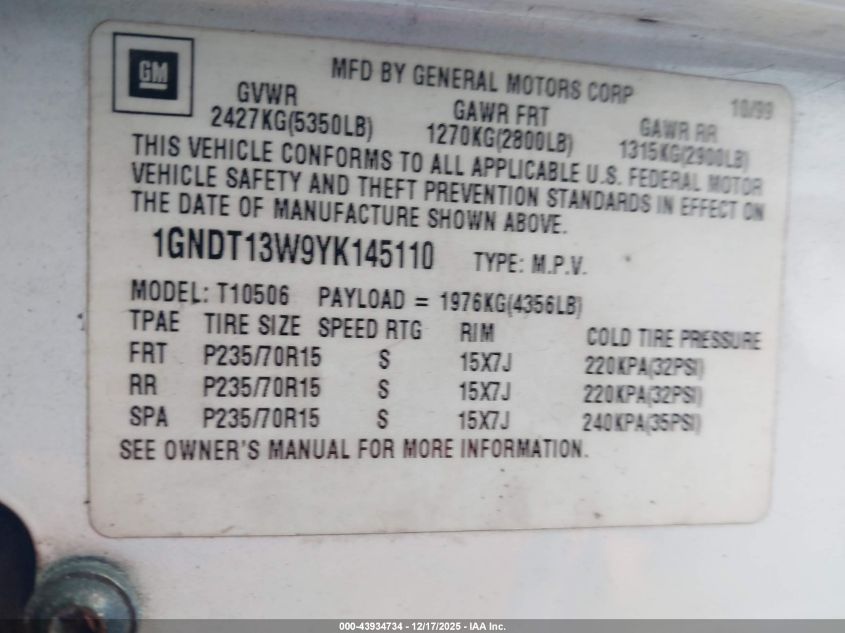 2000 Chevrolet Blazer Lt VIN: 1GNDT13W9YK145110 Lot: 43934734