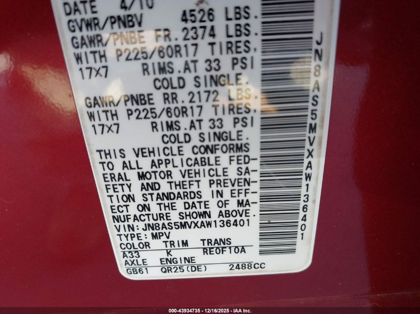 2010 Nissan Rogue Sl VIN: JN8AS5MVXAW136401 Lot: 43934735