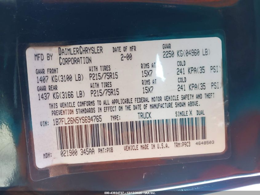 2000 Dodge Dakota Slt/Sport VIN: 1B7FL26N5YS694765 Lot: 43934737