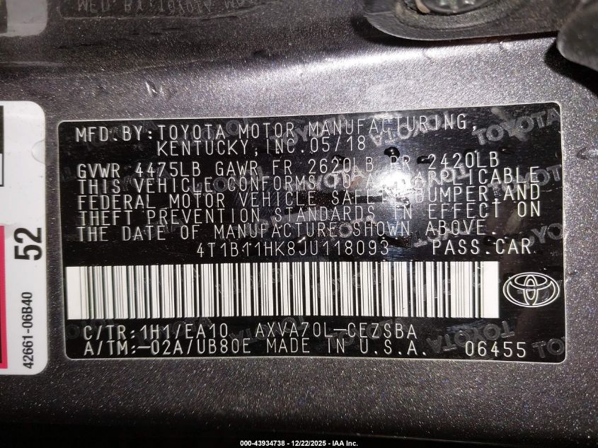 2018 Toyota Camry Se VIN: 4T1B11HK8JU118093 Lot: 43934738