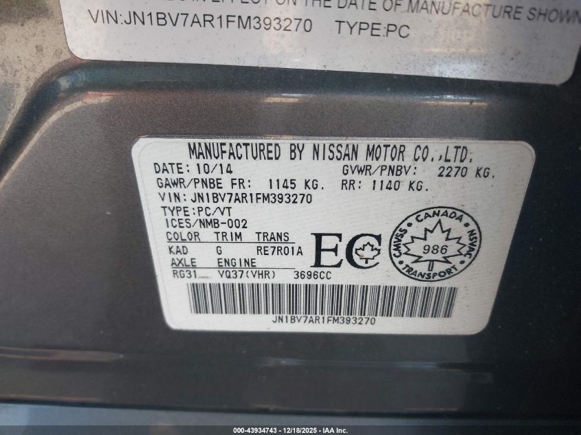 2015 Infiniti Q50 Premium/Sport VIN: JN1BV7AR1FM393270 Lot: 43934743