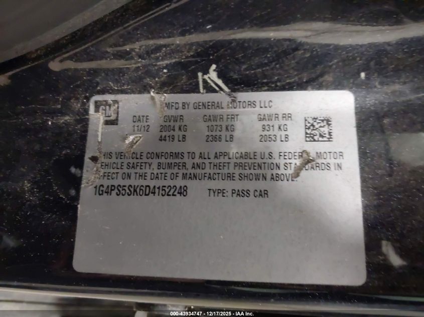 2013 Buick Verano Leather Group VIN: 1G4PS5SK6D4152248 Lot: 43934747