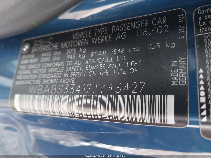 2002 BMW 325Ci VIN: WBABS33412JY43427 Lot: 43934749