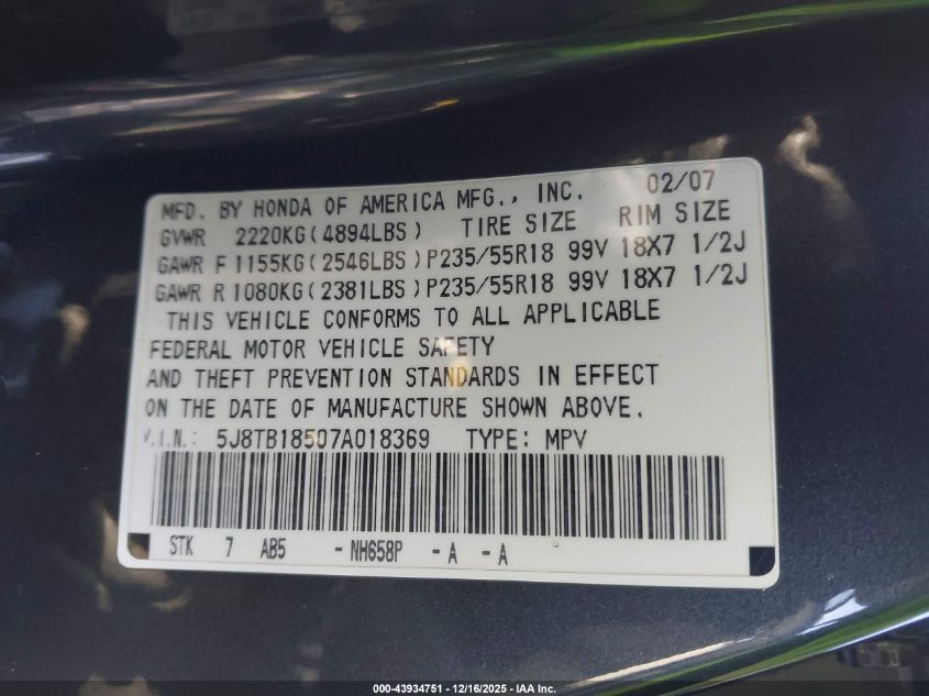 2007 Acura Rdx VIN: 5J8TB18507A018369 Lot: 43934751