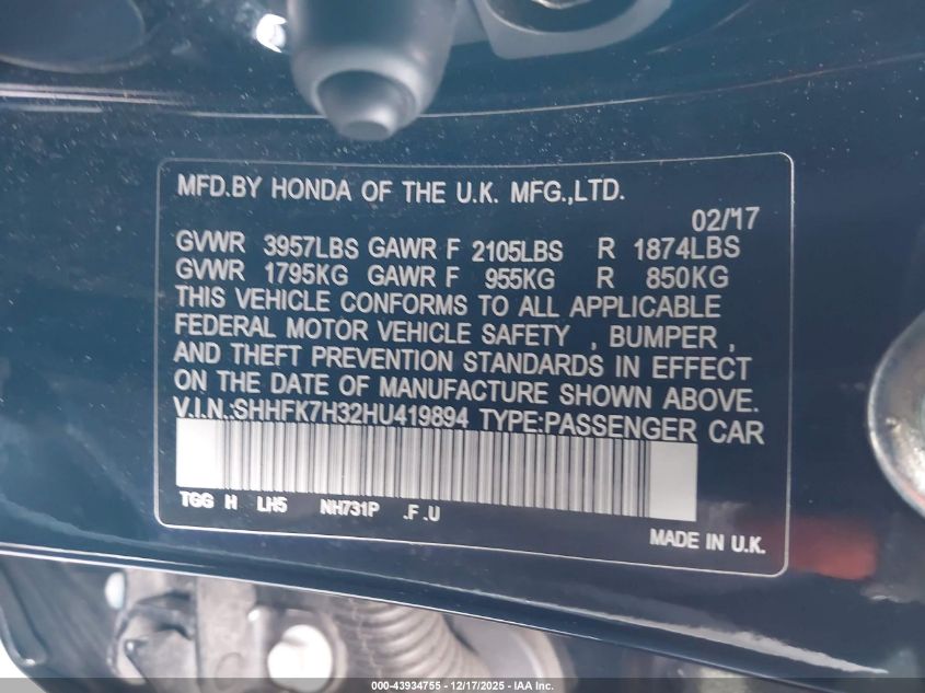 2017 Honda Civic Lx VIN: SHHFK7H32HU419894 Lot: 43934755