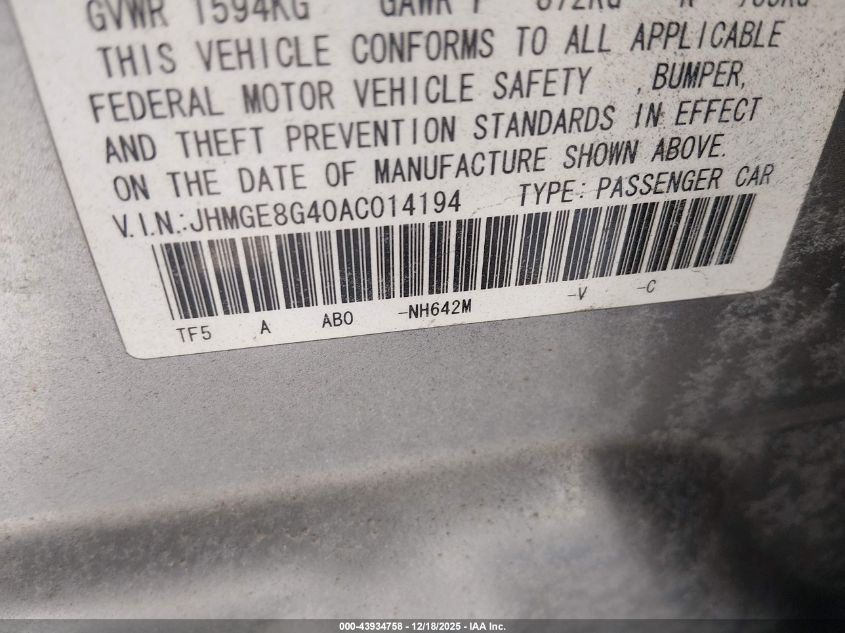 2010 Honda Fit Sport VIN: JHMGE8G40AC014194 Lot: 43934758