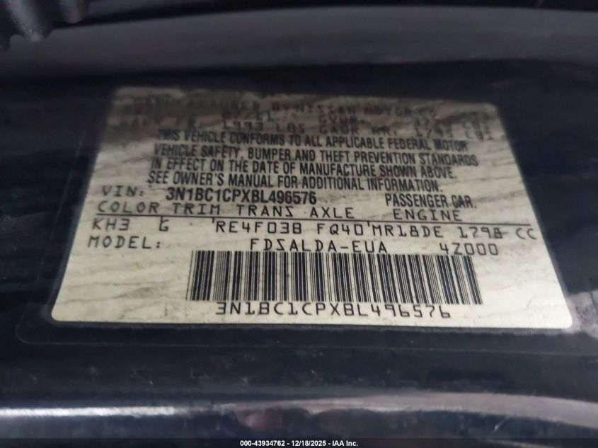 2011 Nissan Versa 1.8S VIN: 3N1BC1CPXBL496576 Lot: 43934762