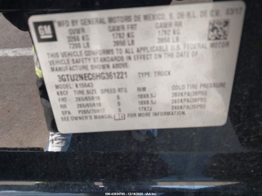 2017 GMC Sierra 1500 Slt VIN: 3GTU2NEC6HG361221 Lot: 43934765