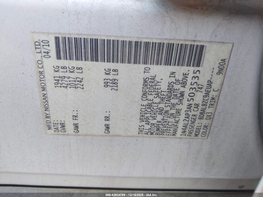 2010 Nissan Altima 2.5 S VIN: 1N4AL2AP3AN503535 Lot: 43934769