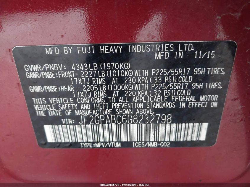 2016 Subaru Crosstrek 2.0I Premium VIN: JF2GPABC6G8232798 Lot: 43934775