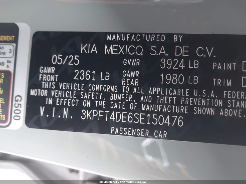 2025 Kia K4 Lxs VIN: 3KPFT4DE6SE150476 Lot: 43934774