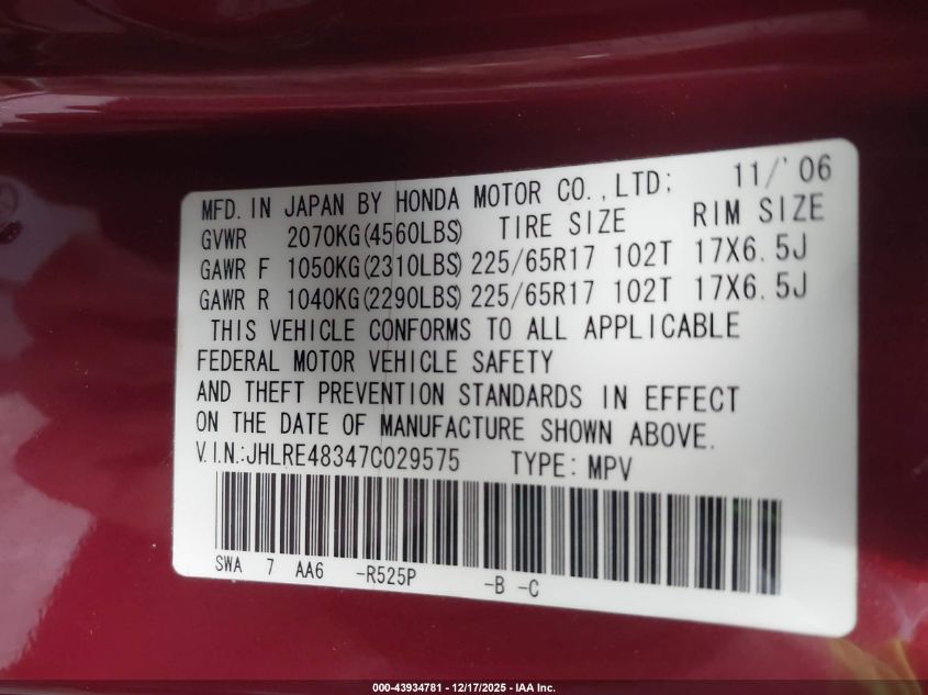 2007 Honda Cr-V Lx VIN: JHLRE48347C029575 Lot: 43934781