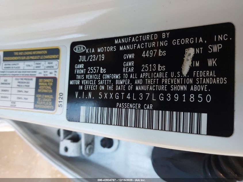 2020 Kia Optima Lx VIN: 5XXGT4L37LG391850 Lot: 43934787