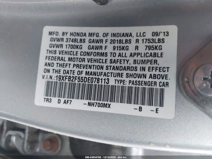 2013 Honda Civic Lx VIN: 19XFB2F55DE078113 Lot: 43934788