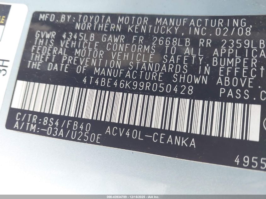 2009 Toyota Camry Le VIN: 4T4BE46K99R050428 Lot: 43934789