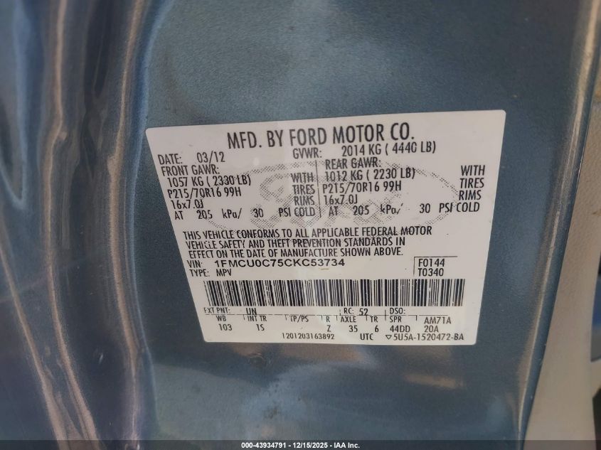 2012 Ford Escape Xls VIN: 1FMCU0C75CKC53734 Lot: 43934791