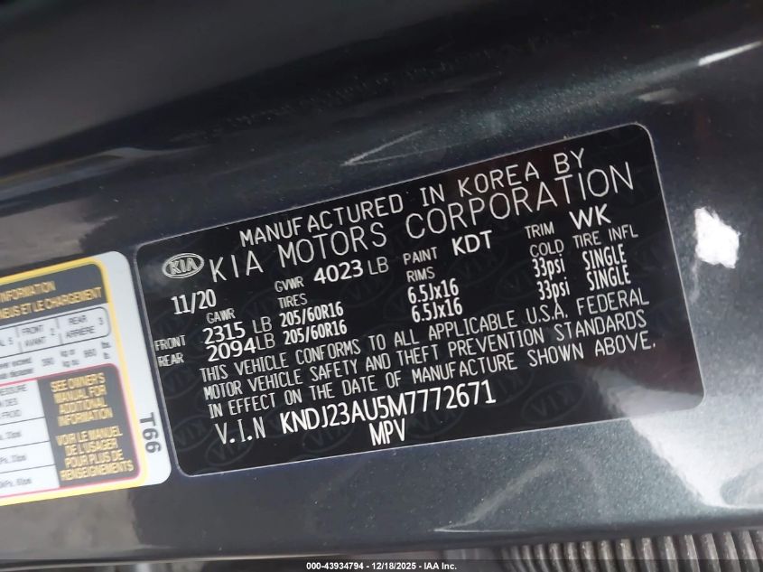 2021 Kia Soul Lx VIN: KNDJ23AU5M7772671 Lot: 43934794