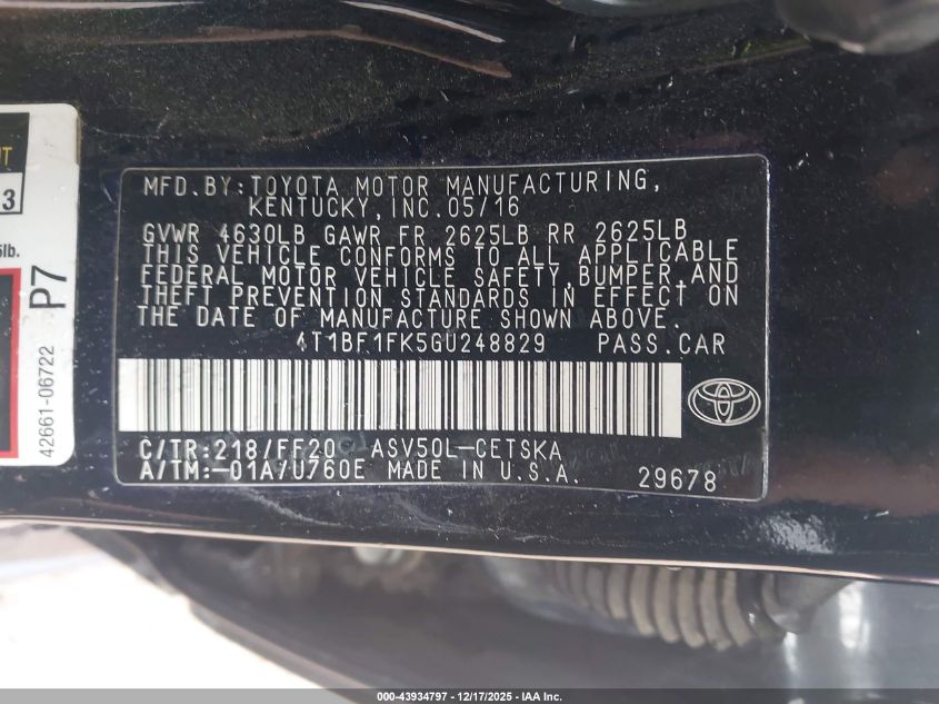 2016 Toyota Camry Se VIN: 4T1BF1FK5GU248829 Lot: 43934797