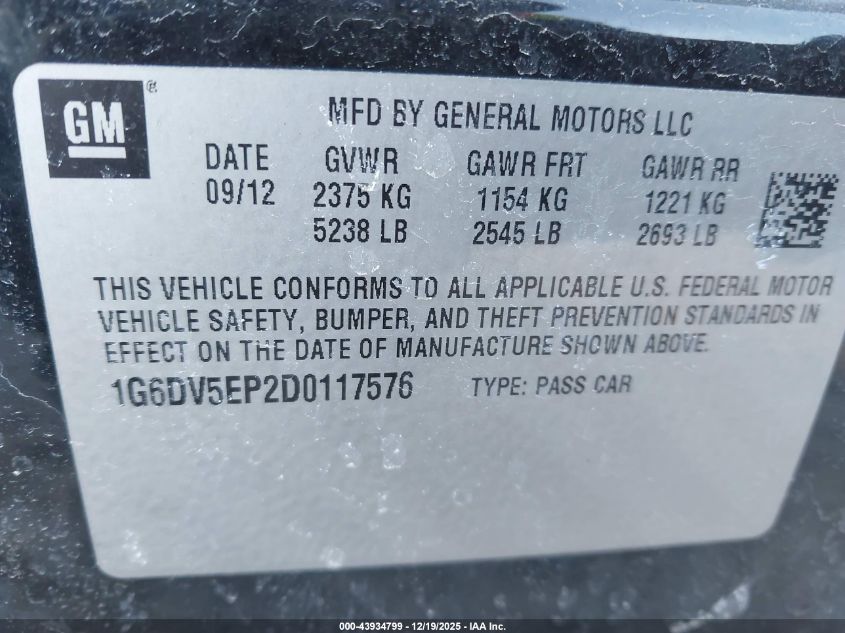 2013 Cadillac Cts-V VIN: 1G6DV5EP2D0117576 Lot: 43934799