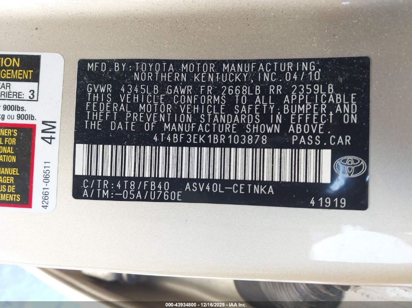 2011 Toyota Camry Le VIN: 4T4BF3EK1BR103878 Lot: 43934800