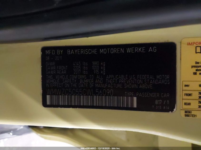 2012 Mini Cooper S Countryman VIN: WMWZC5C55CWL56090 Lot: 43934802