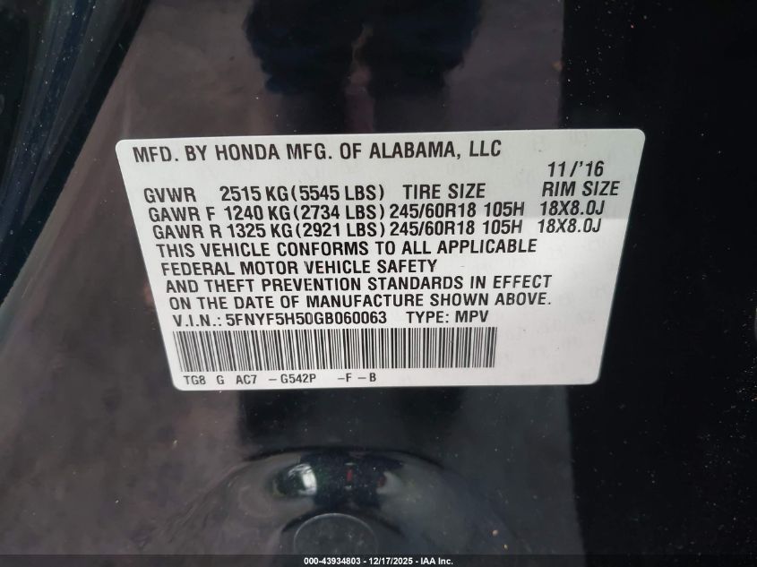 2016 Honda Pilot Ex-L VIN: 5FNYF5H50GB060063 Lot: 43934803