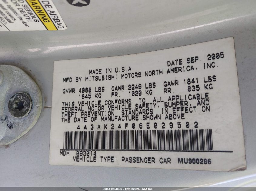 2006 Mitsubishi Eclipse Gs VIN: 4A3AK24F06E029502 Lot: 43934806