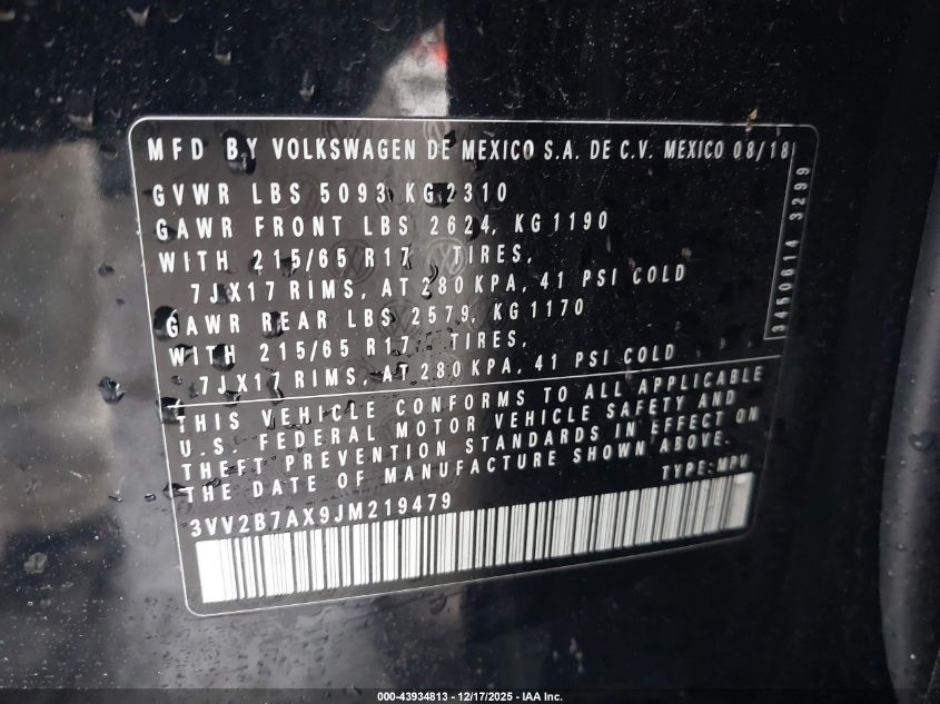 2018 Volkswagen Tiguan 2.0T Se/2.0T Sel VIN: 3VV2B7AX9JM219479 Lot: 43934813